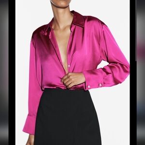 Zara Vibrant Pink Satin Button Down Shirt